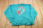 Vintage 1990s Sweats Appeal Turquoise Floral Cardigan Sweater