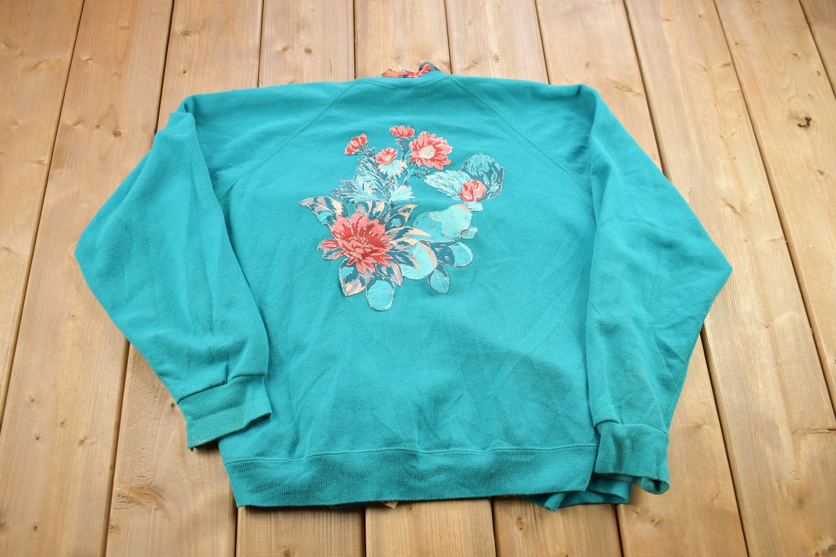 Vintage 1990s Sweats Appeal Turquoise Floral Cardigan Sweater