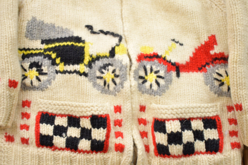 Vintage 1960s Car Graphic Cable Knit Curling Sweater