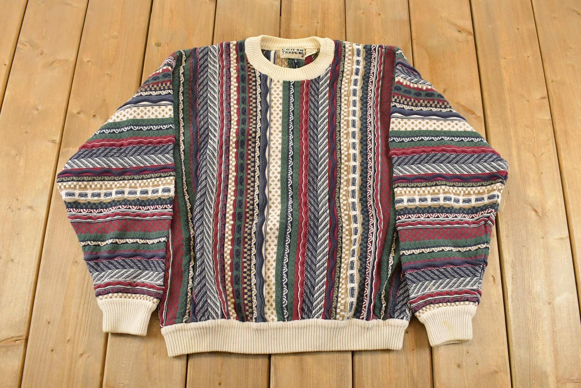 Vintage 1990s Cotton Traders 3D Cable Knit Crewneck Sweater Men's Medium