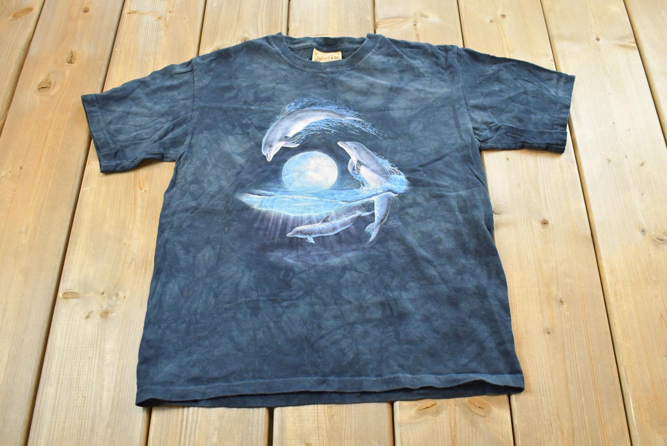 Vintage Y2K The Mountain Dolphins Moon Tie Dye T-Shirt Mens S / 2000s Streetwear / 00s Animal Tee / Liquid Blue