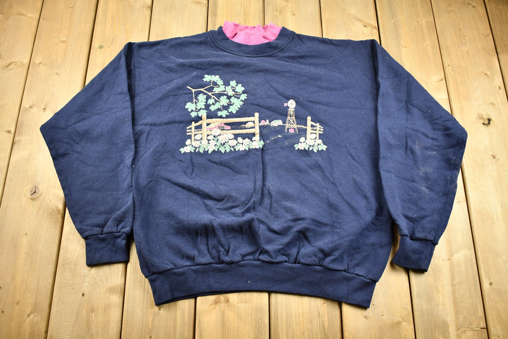 Vintage 1990s Farm Theme Graphic Crewneck / 90s Crewneck / Grandma Sweater / American Streetwear / Double Collar / Made In USA