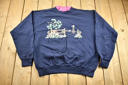 Vintage 1990s Farm Theme Graphic Crewneck / 90s Crewneck / Grandma Sweater / American Streetwear / Double Collar / Made In USA