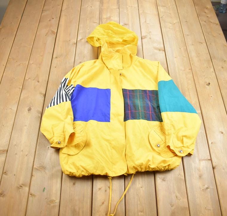 Vintage 1990s Mulberry Street Yellow Patchwork Sport Rain Jacket