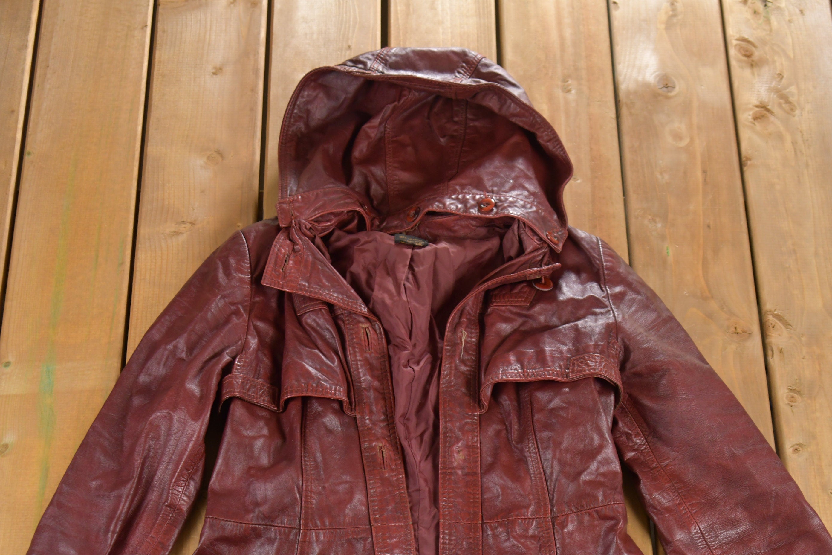 Vintage 1980s Full Length Hooded Leather Jacket