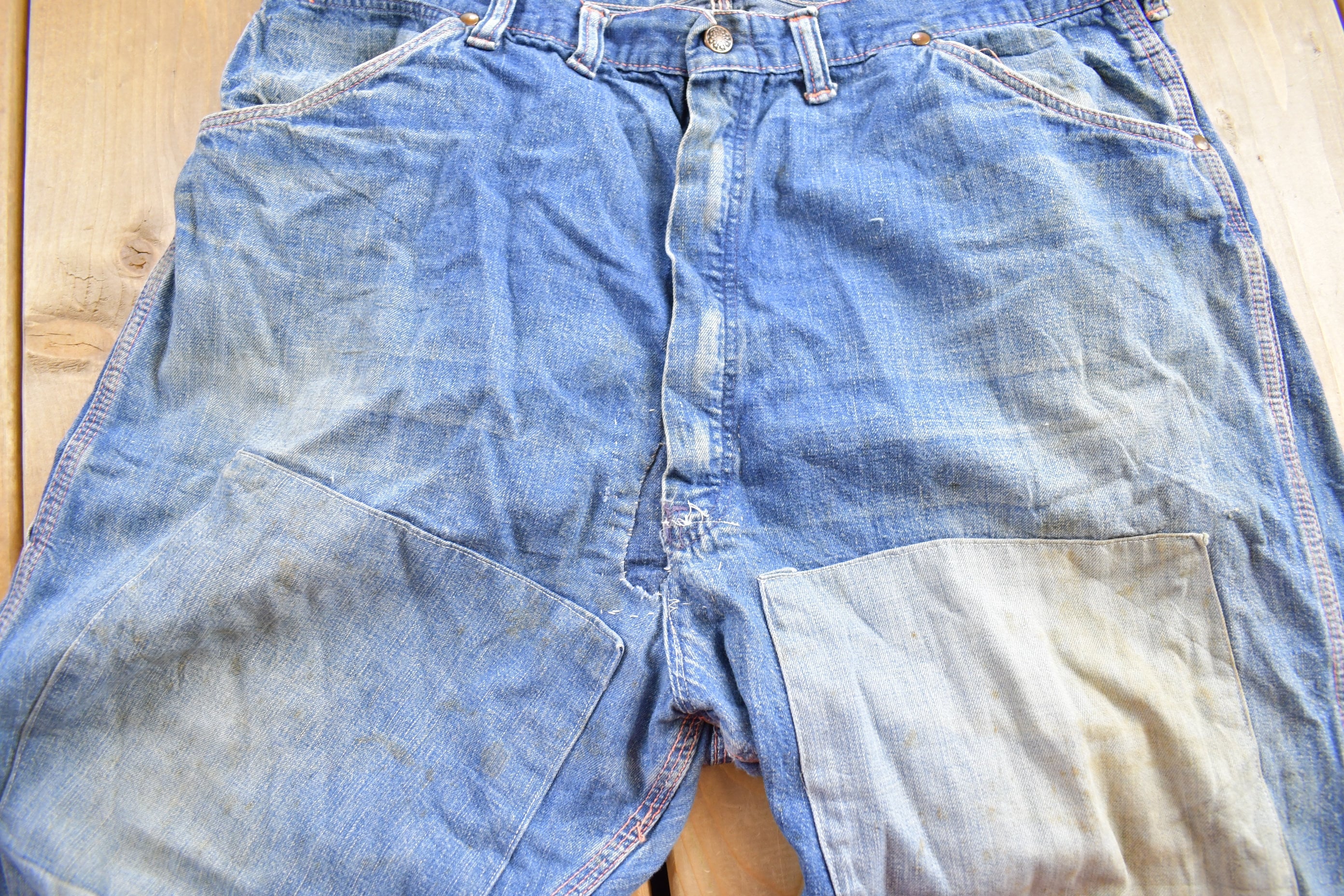 Vintage 1990s Wrangler Distressed Patchwork Denim Jeans Size 39 x 27 American Vintage