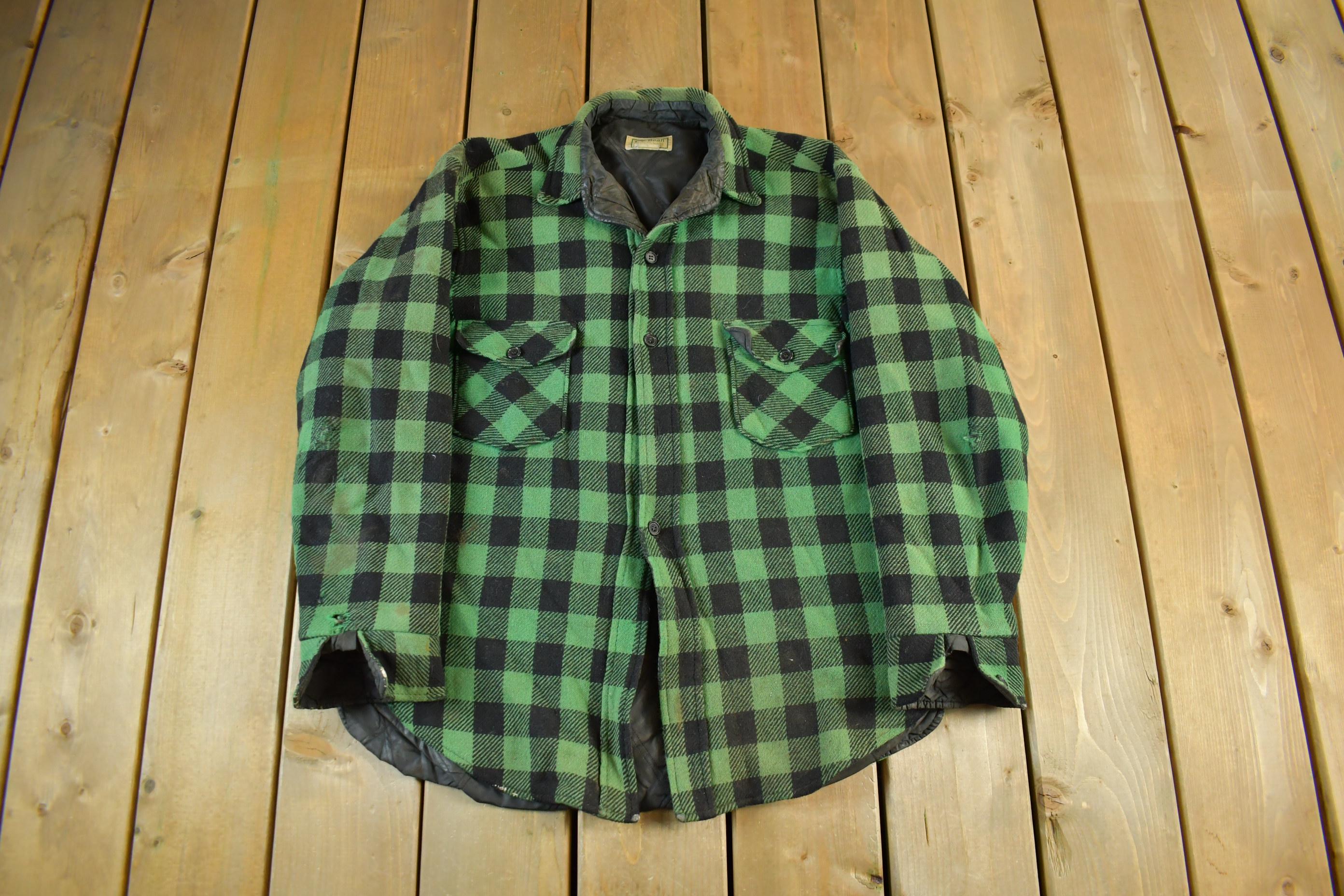 Vintage 1980s LL Bean Plaid Wool Button Up Shirt Jacket Men's Large