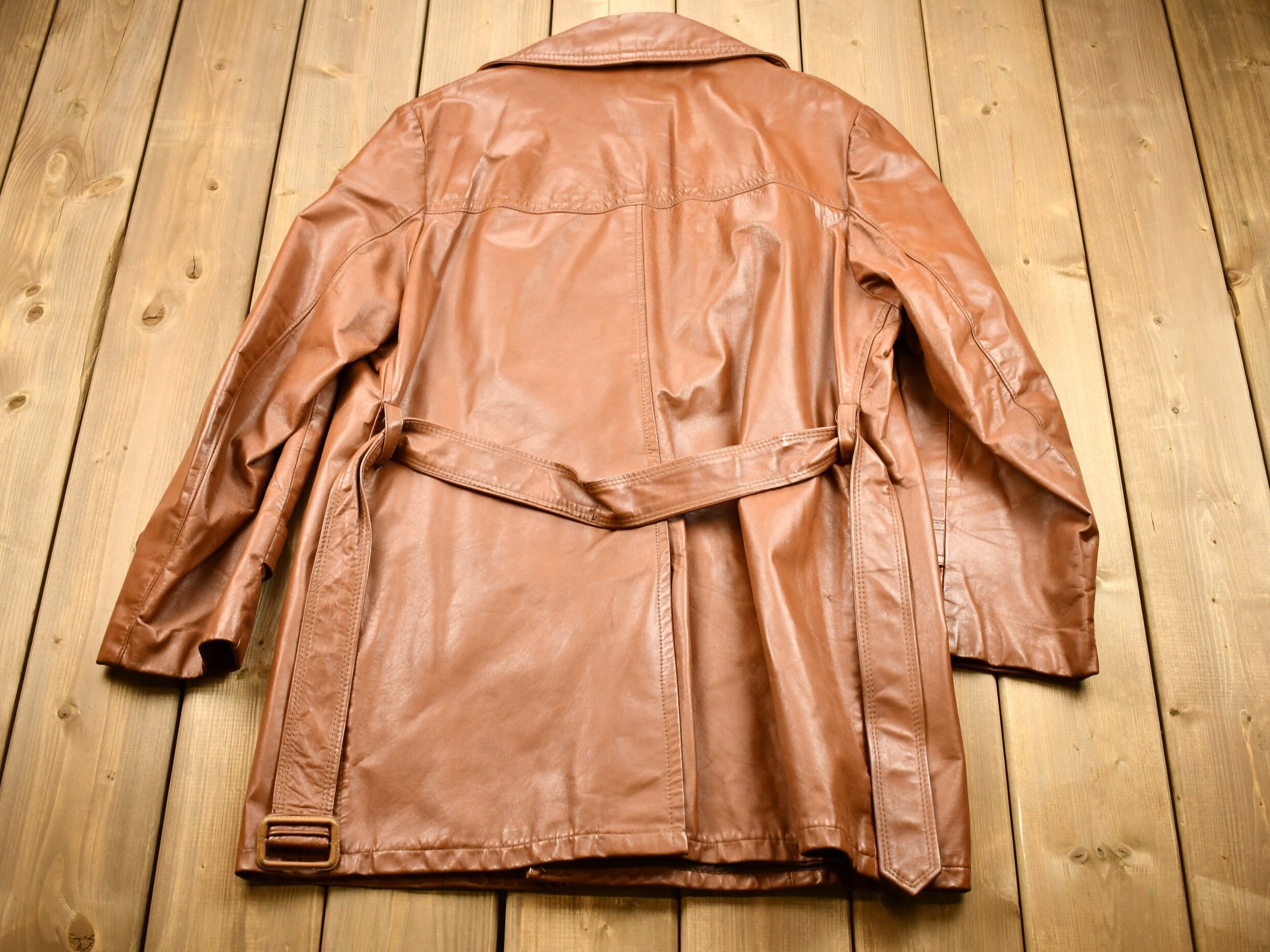 Vintage 1970s Burnt Orange Full Length Leather Trench Coat