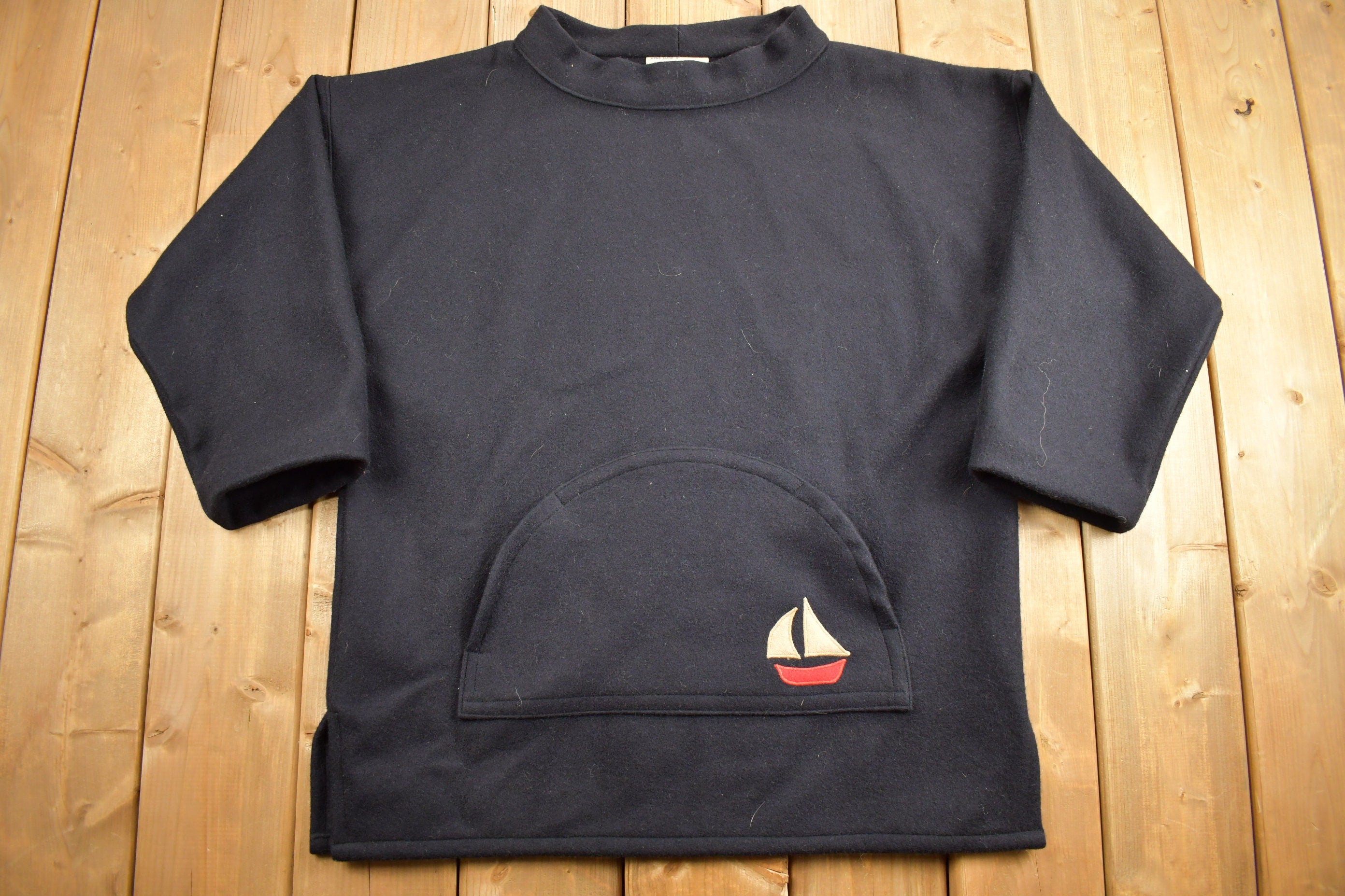 Vintage 1980s 100% Wool Black Sail Boat Embroidered Mock Neck Sweater