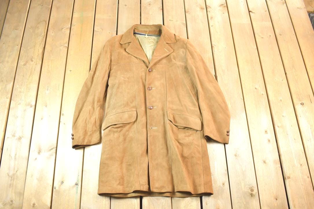Vintage 1960s Leather Suede Western Style Button Up Long Jacket Made In USA