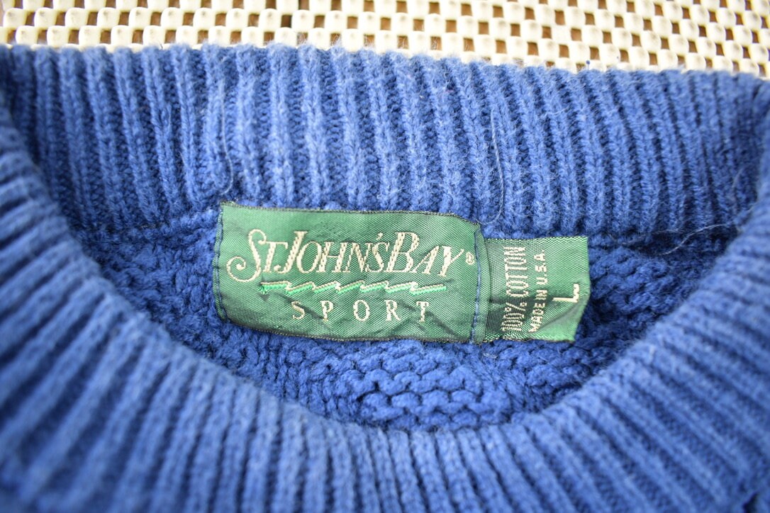Vintage 1980s St. Johns Bay 3D Blue Knit Crewneck Sweater Made In USA