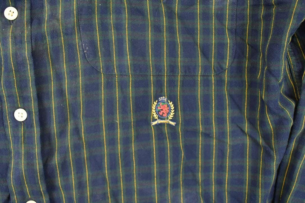 Vintage 1990s Tommy Hilfiger Plaid Button Up Shirt Men's L  Funky Crazy Pattern  Preppy Style  Boxy Fit