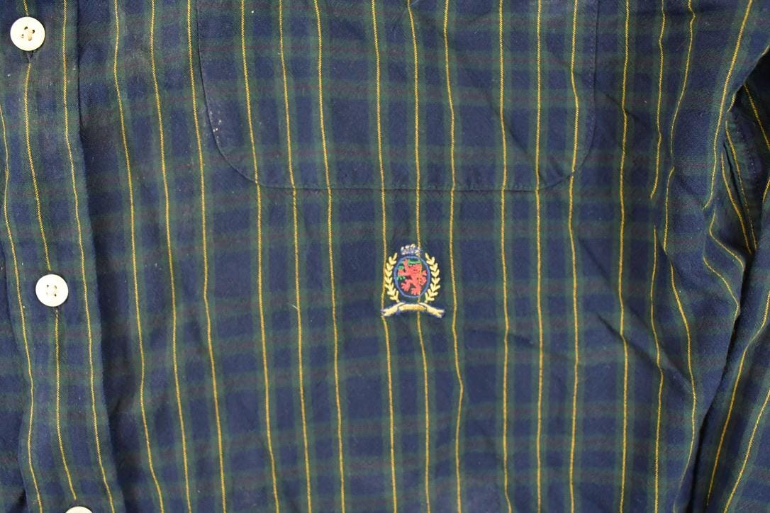 Vintage 1990s Tommy Hilfiger Plaid Button Up Shirt Men's L  Funky Crazy Pattern  Preppy Style  Boxy Fit