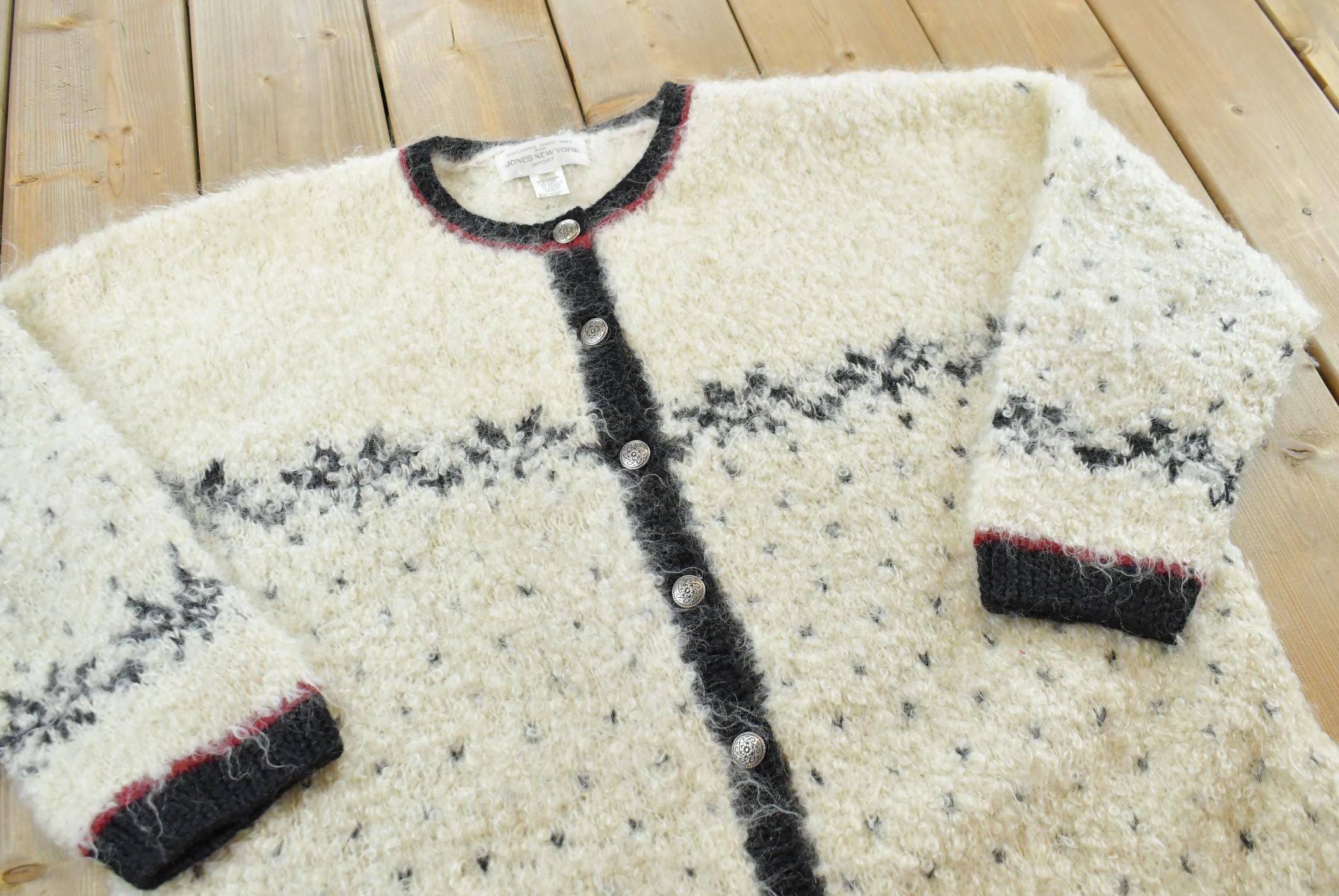 Vintage 1990s Hand Knit Jones New York Mohair Wool Blend Knit Cardigan Sweater Women's 2X