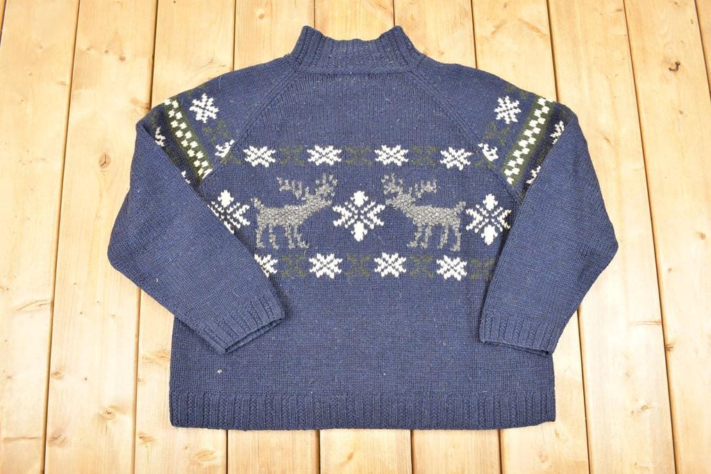Vintage 1990s LL Bean Christmas Reindeer Wool Knit Crewneck Sweater Women's L
