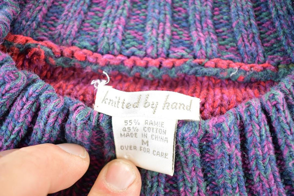 Vintage 1990s Knitted By Hand Cable Knit Abstract Pattern Crewneck Sweater Mens M / 90s Crewneck / Preppy Knits / Wool Blend / Cotton Blend