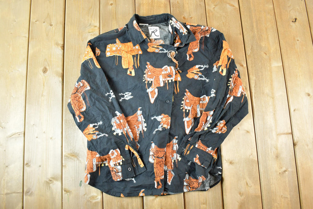Vintage 1990s Roper Western Button Up AOP Saddle Print Shirt Men's L