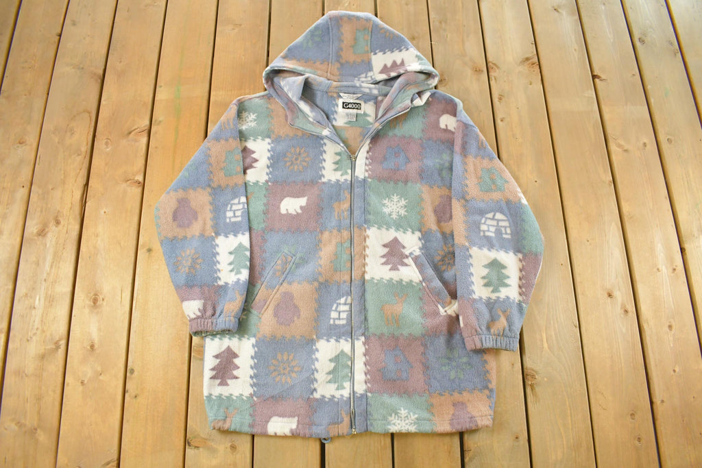 Vintage 1990s G4000 Trees Nature All Over Print Full Zip Fleece Sweater Jacket Women's L