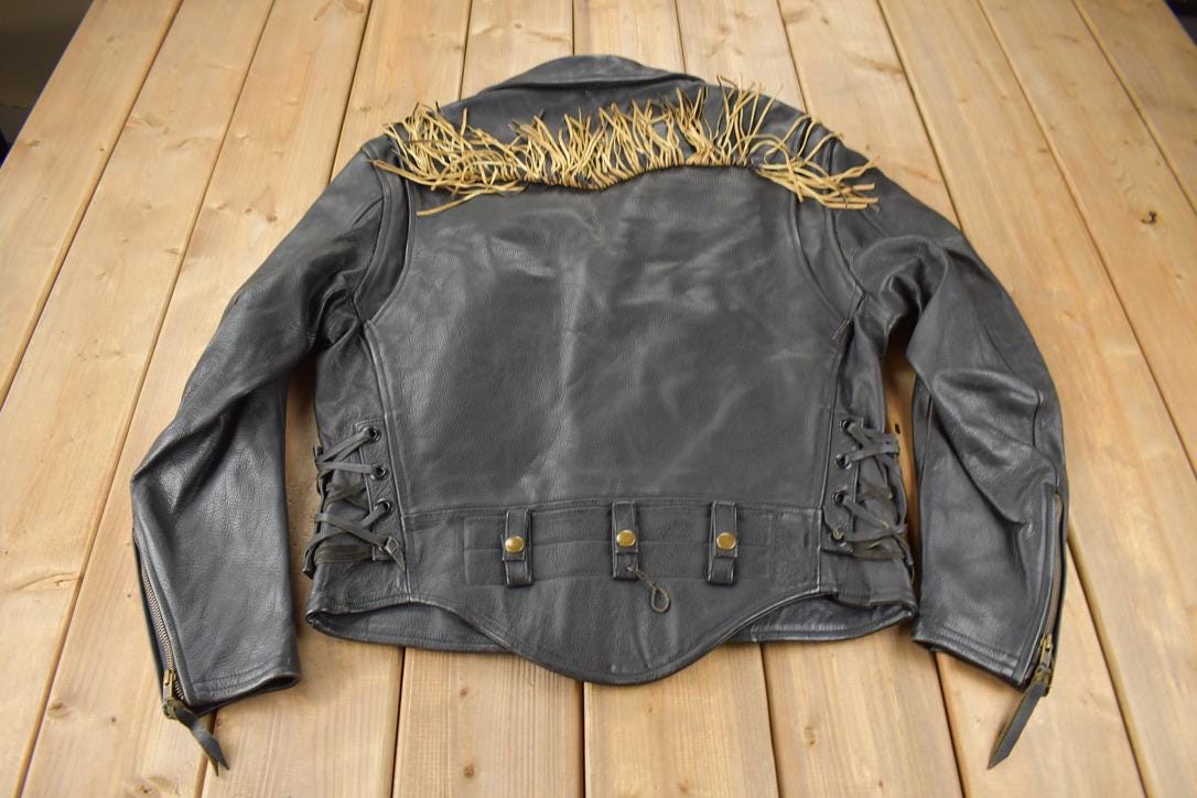 Vintage 1990s Black Leather Fringe Jacket