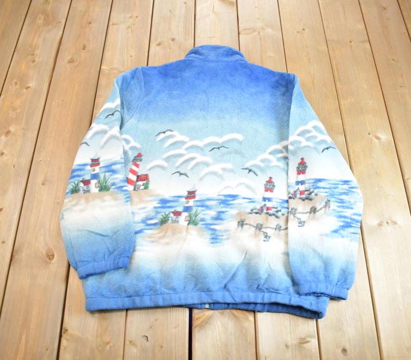Vintage 1990s Blair Beach Light House Theme All Over Print Fleece Sweater