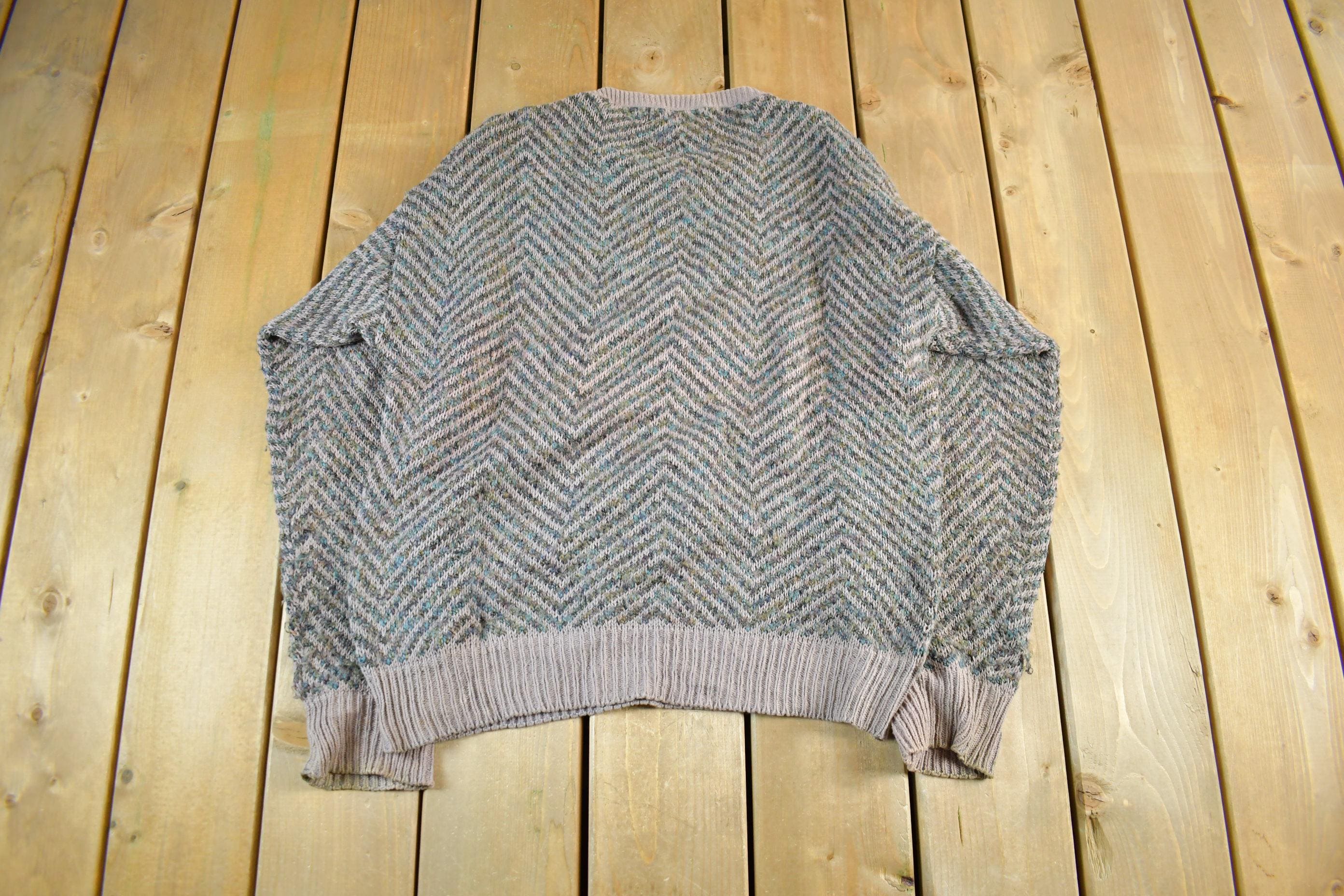 Vintage 90s Knit Crewneck Sweater - Abstract Herringbone Pattern, Mens XL