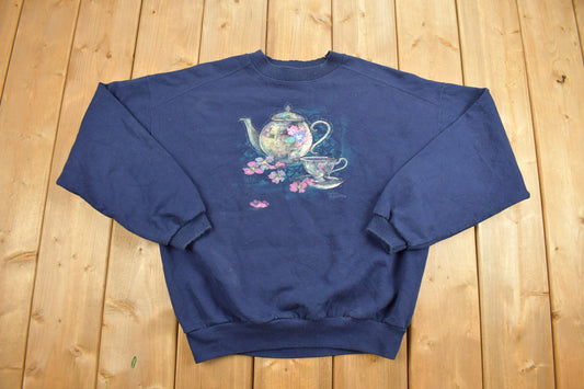 1990s Vintage Northern Reflections Tea Pot Crewneck / Nature Print / Vintage Sweatshirt / Floral Print / Teapot / Pullover Sweatshirt