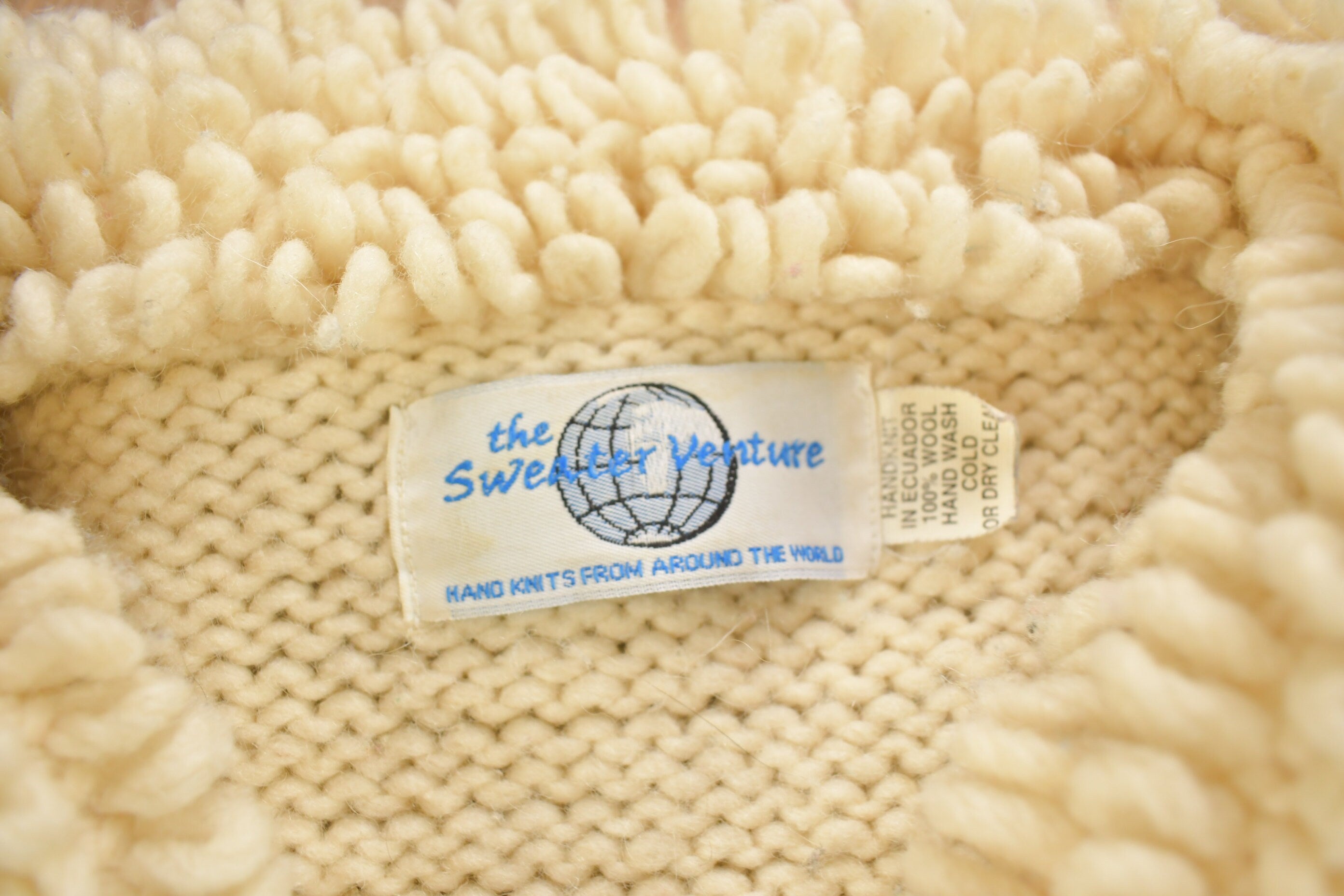 Vintage 1990s 100% Wool Hand Knit Zip Up Sweater