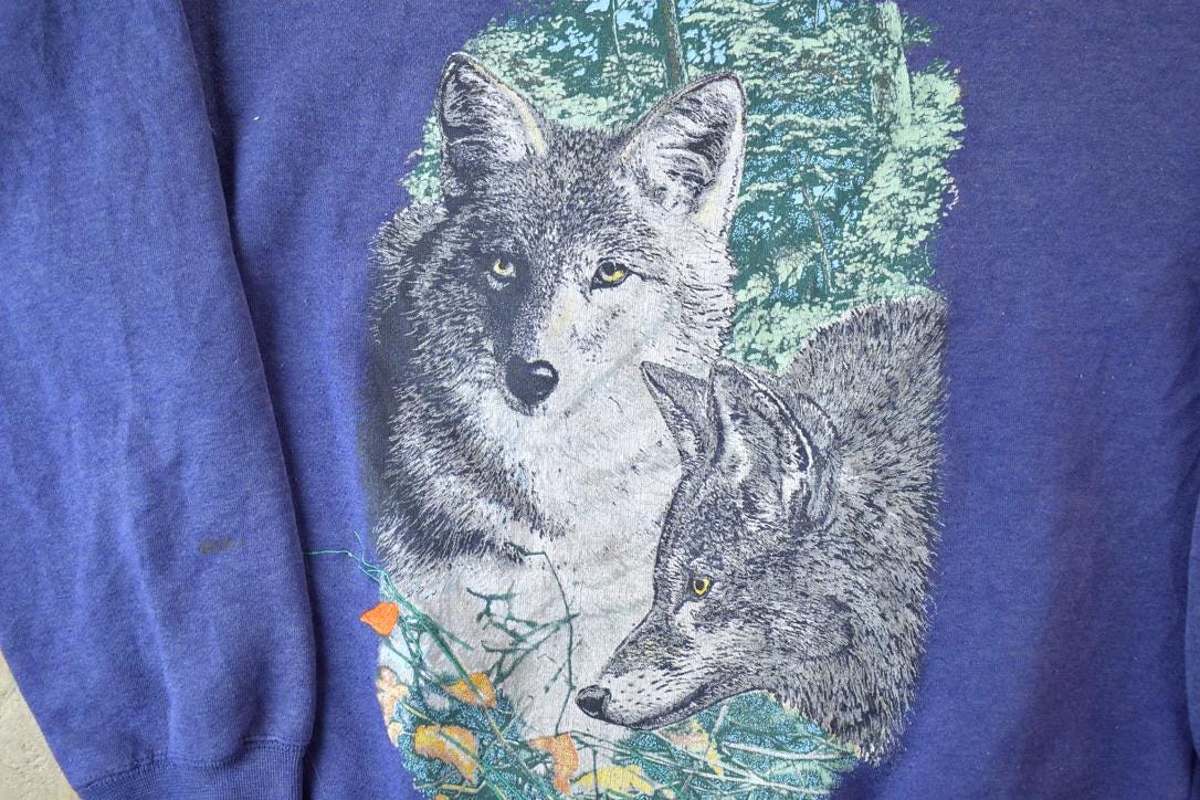 Vintage 1990s 2 Wolf East West Casuals Crewneck / Souvenir / Vintage Sweatshirt / Outdoorsman / Wilderness Sweatshirt / Made In USA