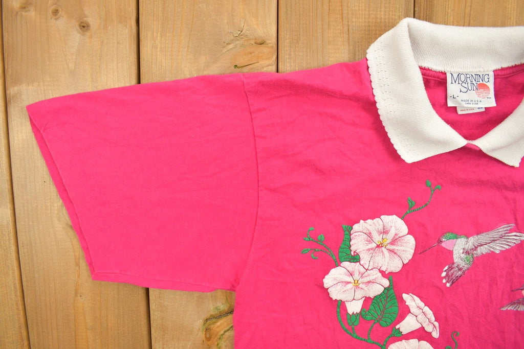 Vintage 1990s Morning Sun Bird Floral Graphic Polo Shirt