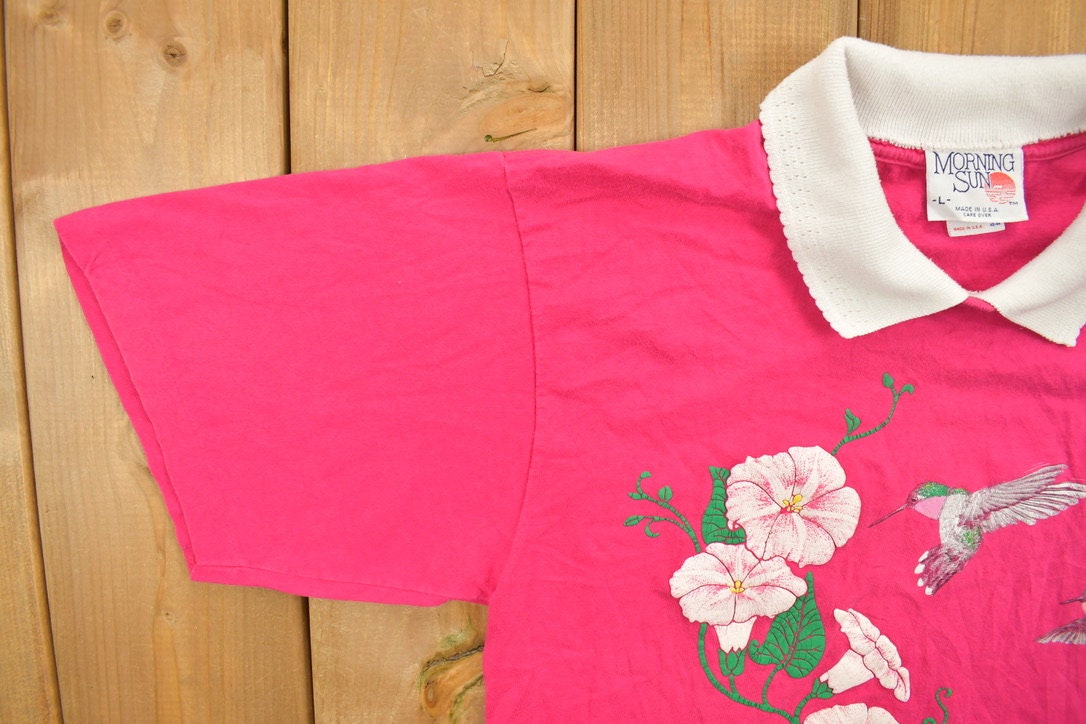 Vintage 1990s Morning Sun Bird Floral Graphic Polo Shirt