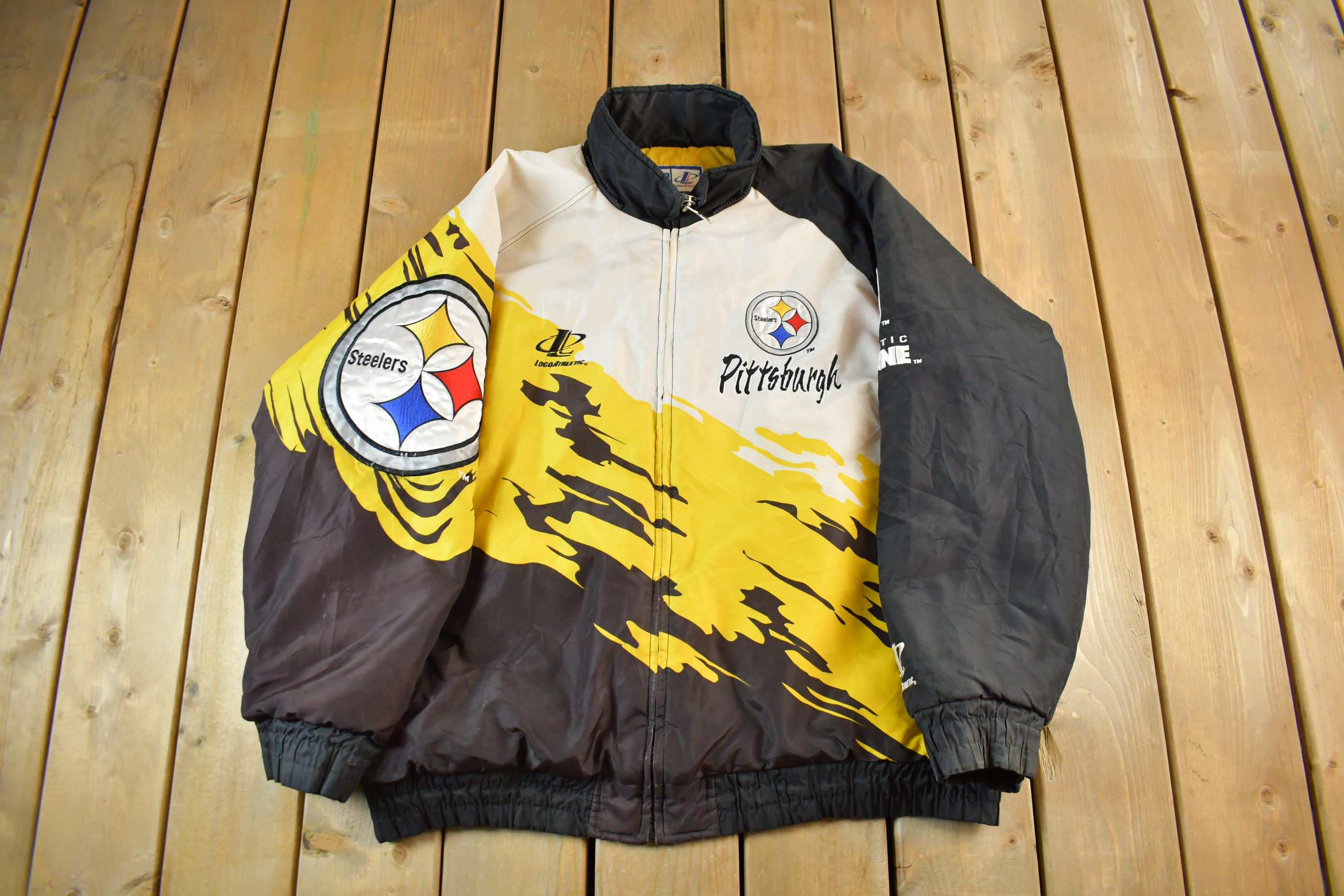 Vintage 1990s Pittsburgh Steelers NFL Pro Line Logo Athletic Paint Splash Puffer Jacket