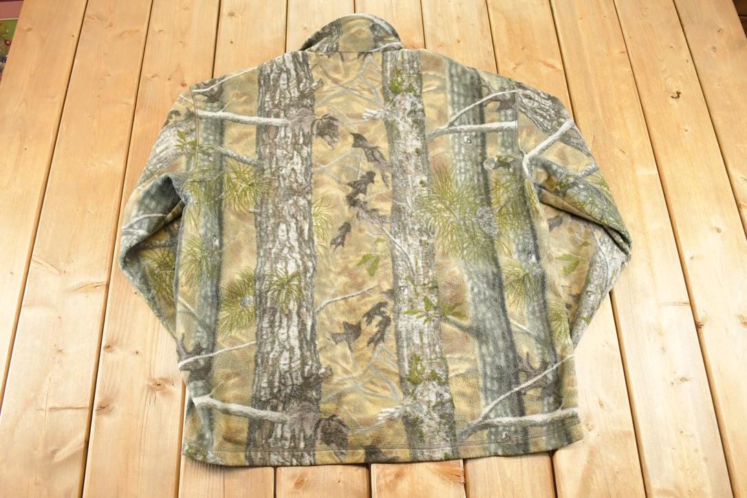 Vintage 1990s Longleaf Realtree Camo Fleece Full Zip Sweater Men's XL / Geometric Abstract Pattern / 90s Pullover Sweatshirt / Hiking