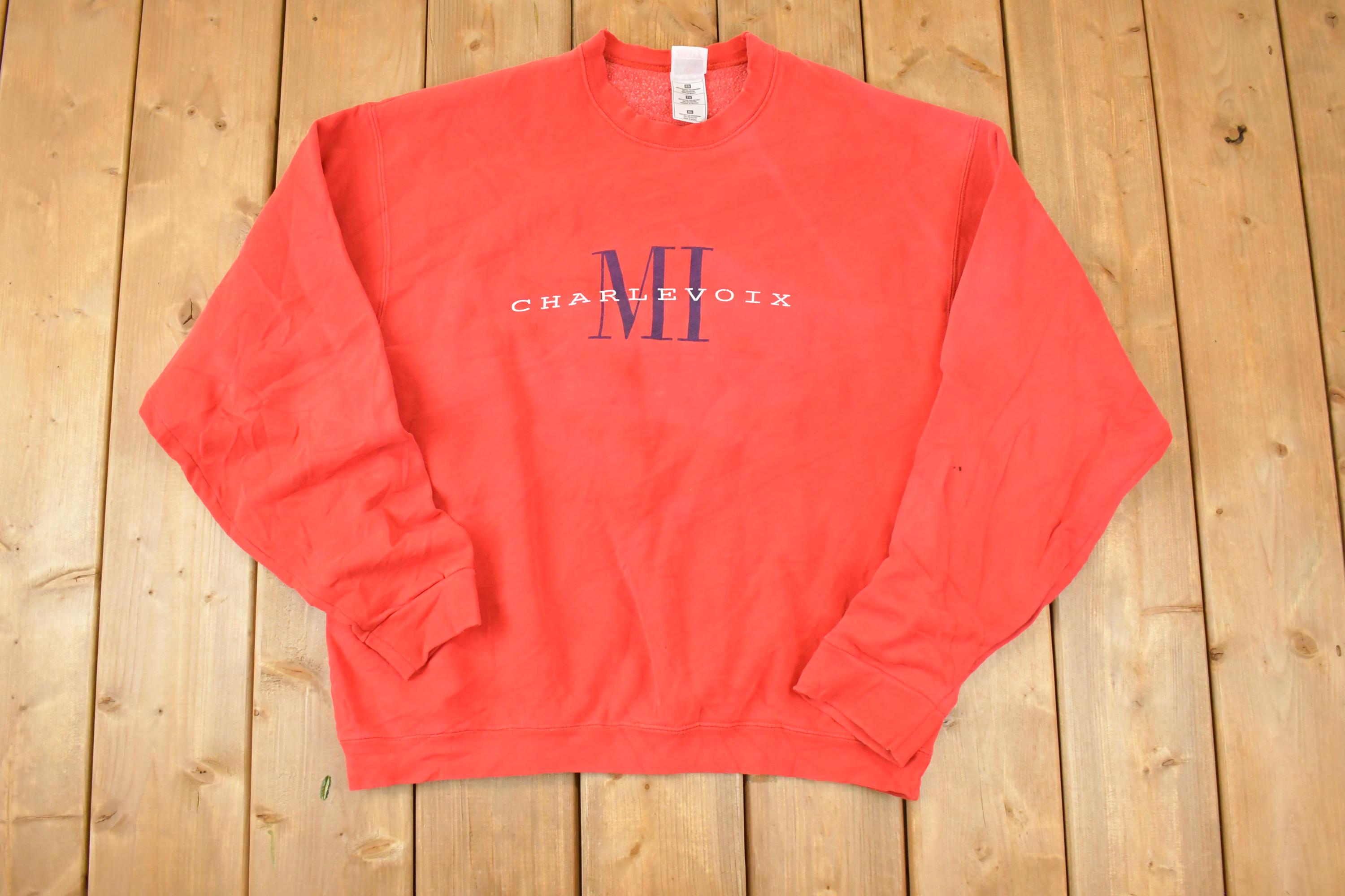 Vintage 1990s Charlevoix Graphic Print Crewneck Sweatshirt Mens L
