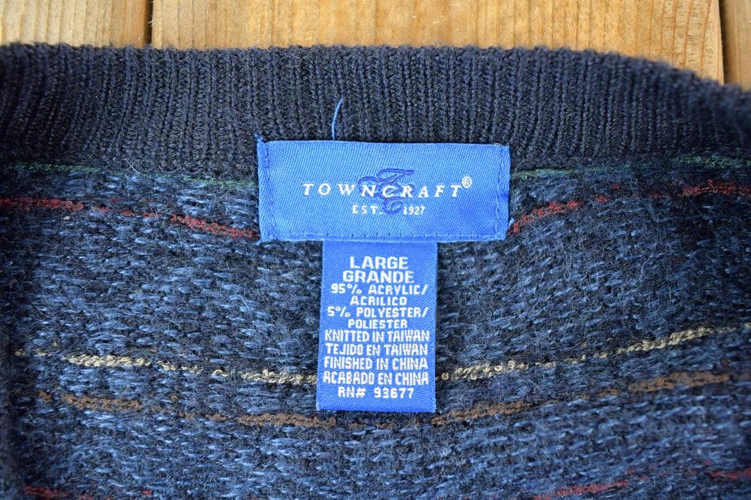 Vintage 90s Towncraft Cardigan: Embroidered Patchwork Knit, Mens M