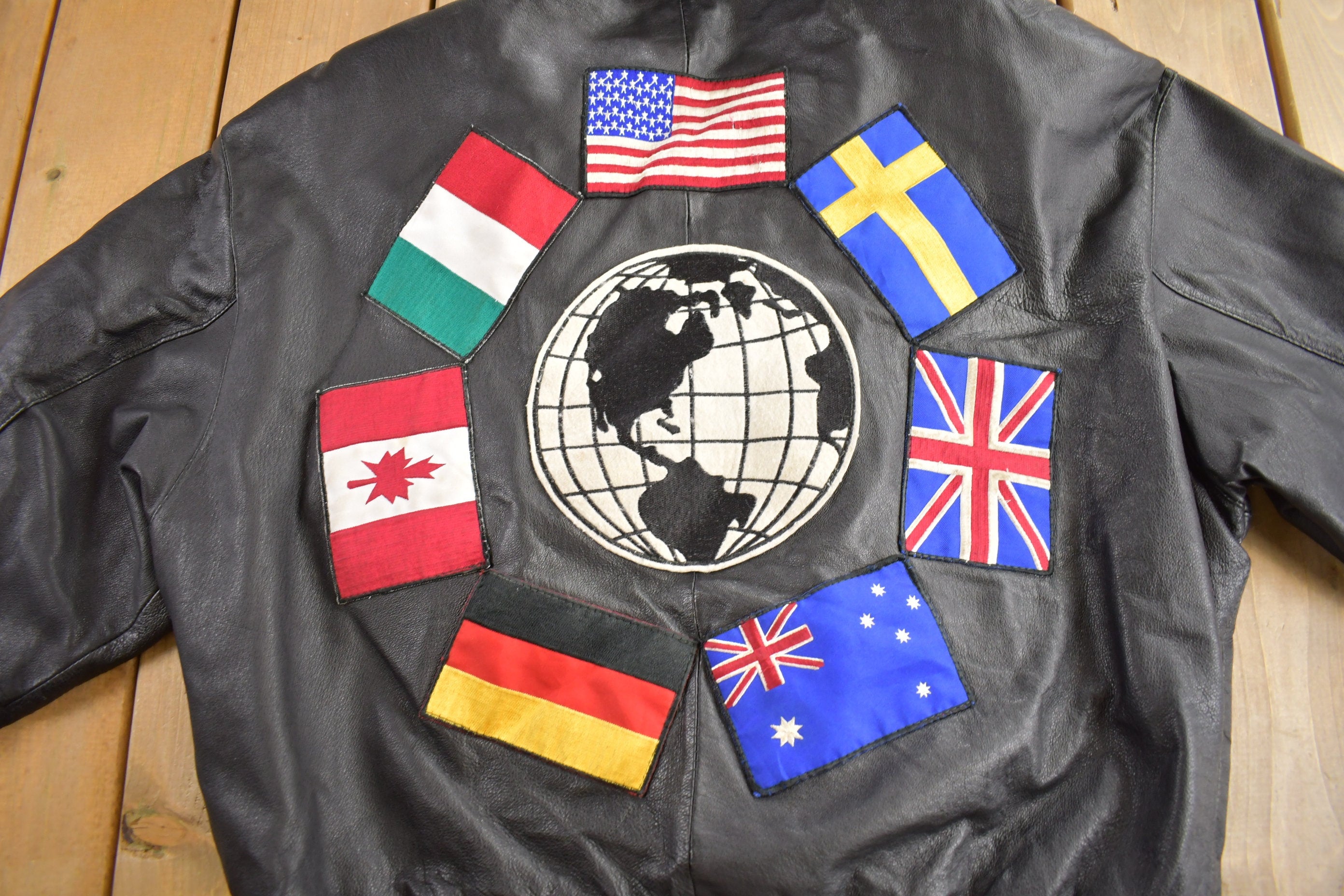 Vintage 1990s World Flags Patchwork Leather Jacket