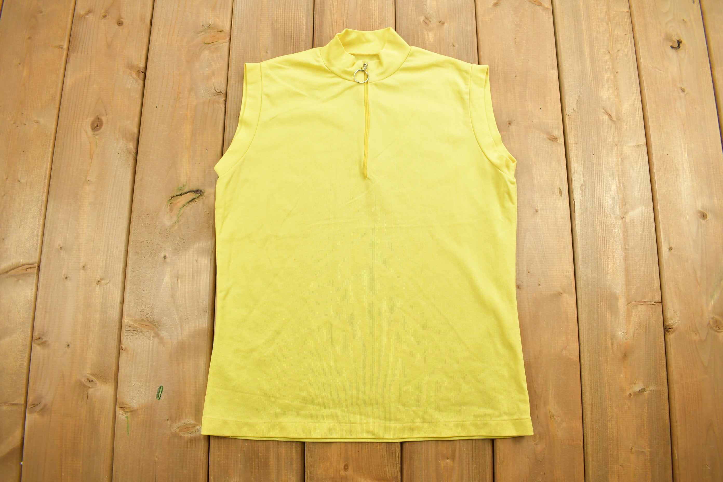 Vintage 1980s Women's Yellow Blank Sleeveless Zip Up Shirt