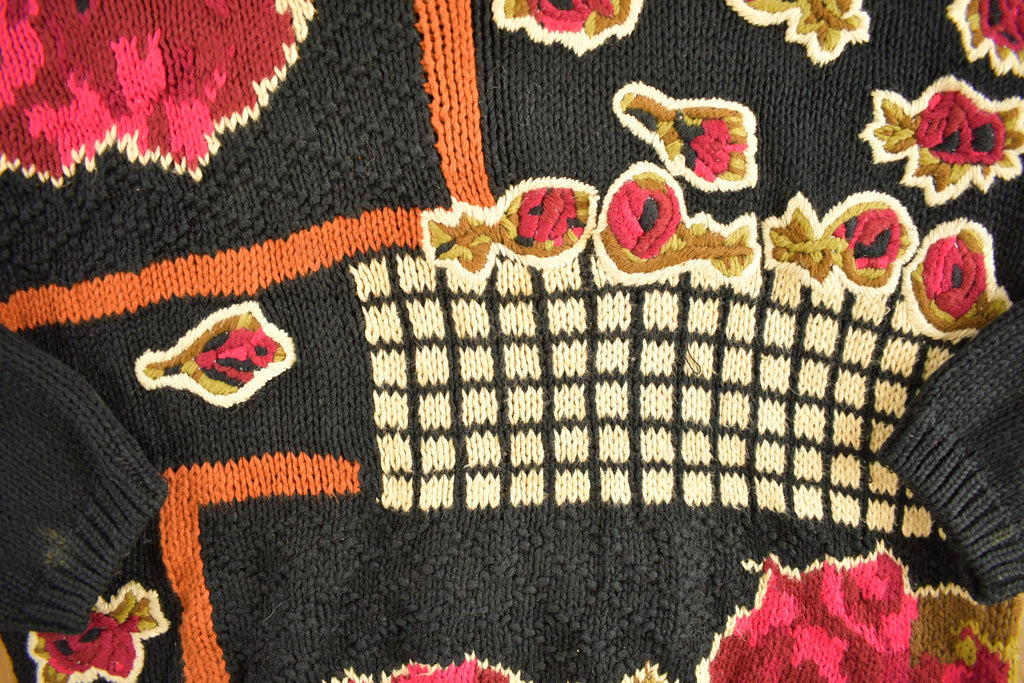 Vintage 1990s Knitted Floral Theme Crewneck Sweater / Vintage 90s Crewneck All Over Pattern / Studio Knitwear / Michelle Stuart