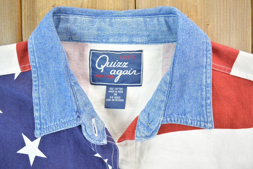 Vintage 1990s All Over Print American Flag Quizz Again Blank Button Up Shirt