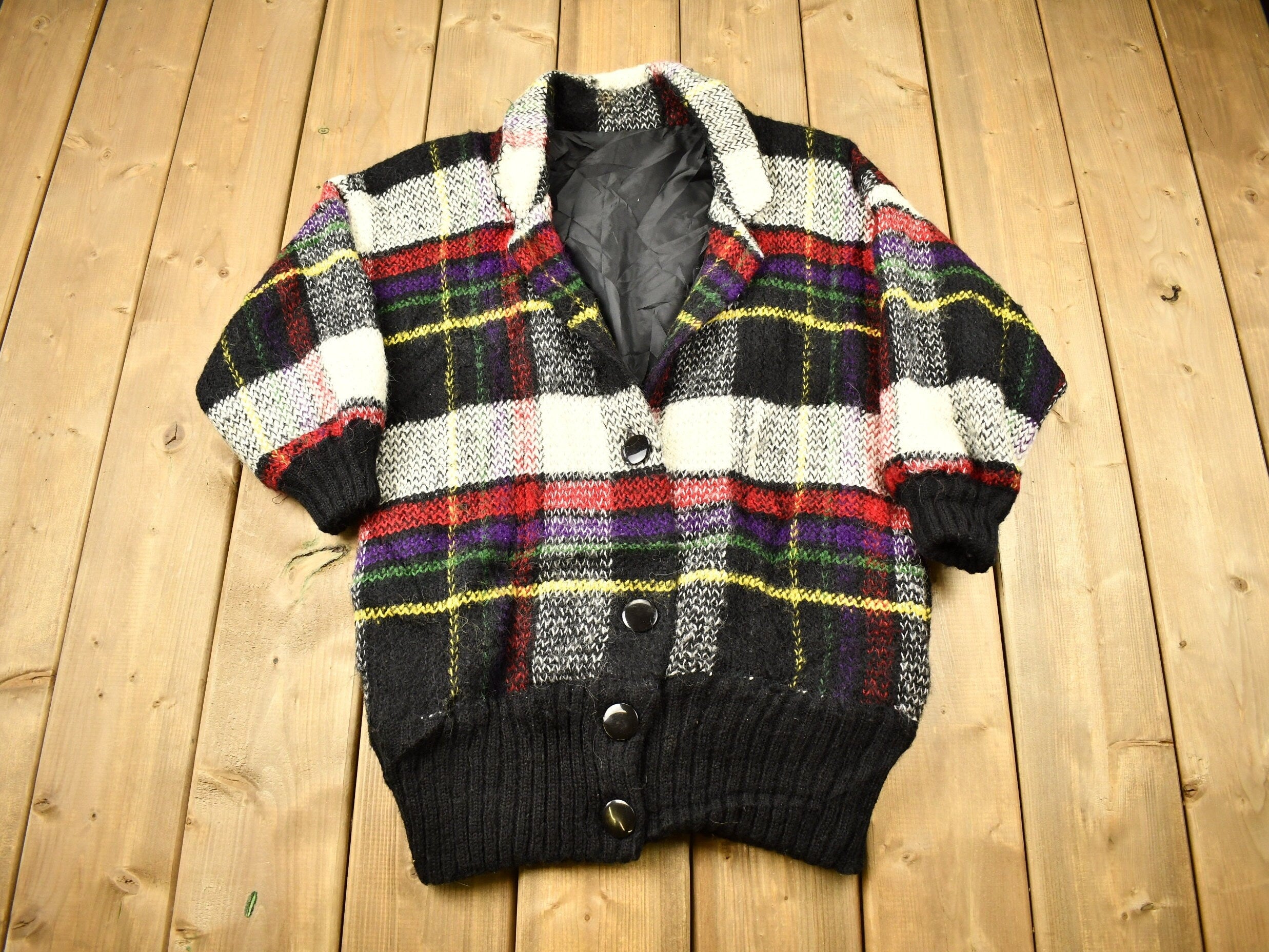 Vintage 1990s Heavy Weight Plaid Cardigan Sweater