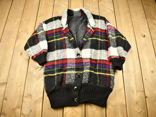 Vintage 1990s Heavy Weight Plaid Cardigan Sweater / Vintage Cardigan / Button Up / Patchwork / Colorful / Made In USA