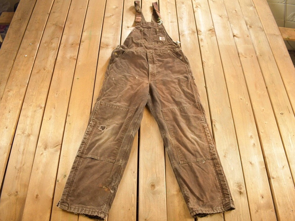 Vintage 1990s Carhartt Chocolate Brown Double Knee Canvas Overalls Size 38 x 30