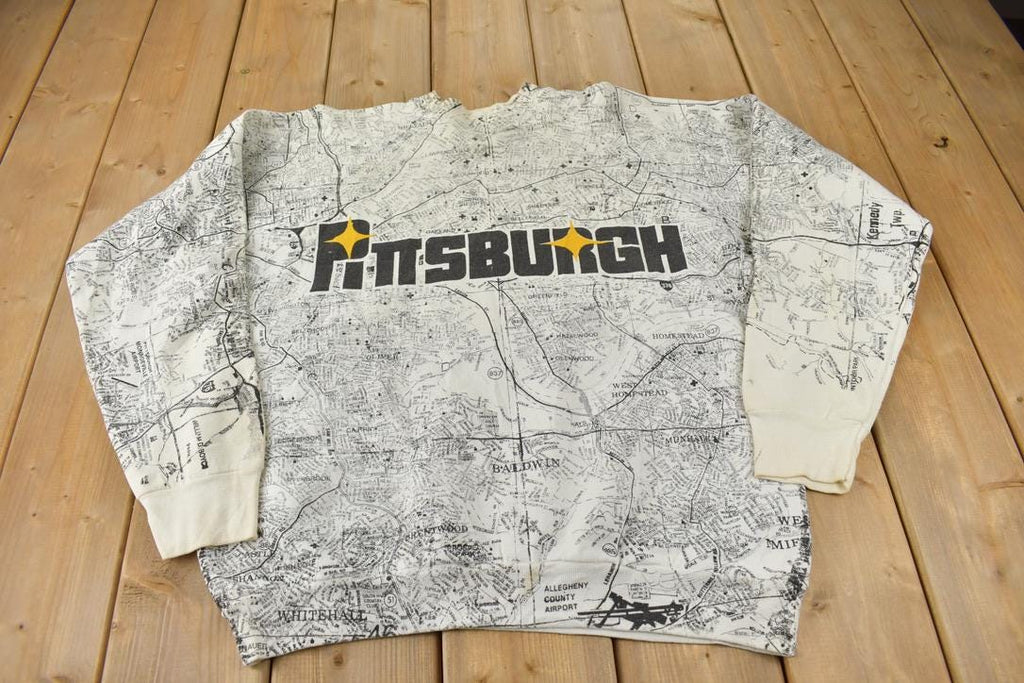 Vintage 1990s Pittsburgh All Over Print Map Graphic Souvenir Travel Crewneck Sweatshirt