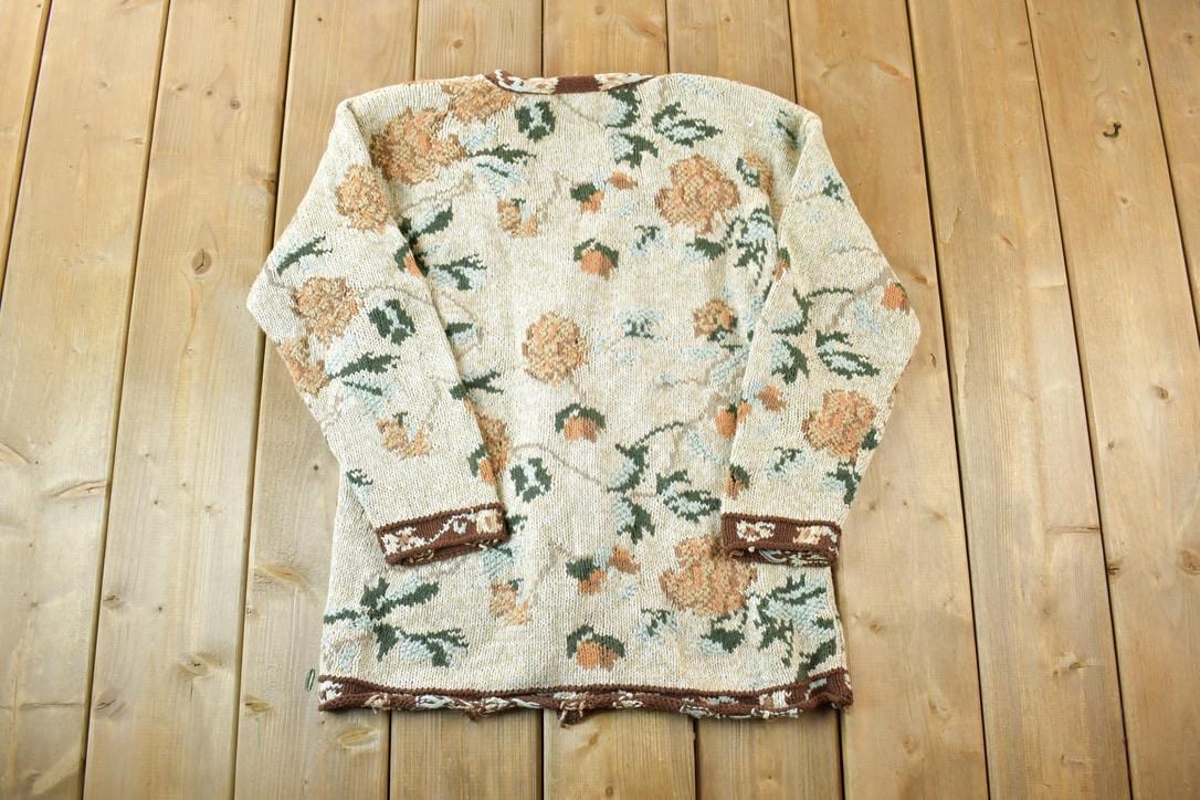 Vintage 1990s Climax AOP Floral Knit Perfect Mild Distress Cardigan Sweater Made In USA