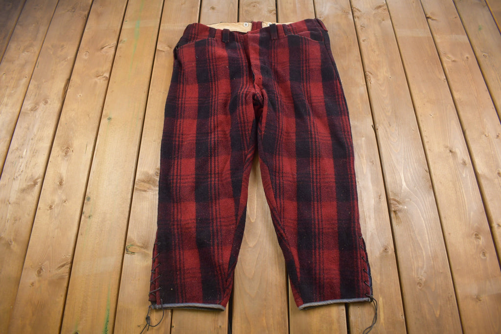 1980s Vintage Red & Black Plaid Wool Trousers 38 x 25