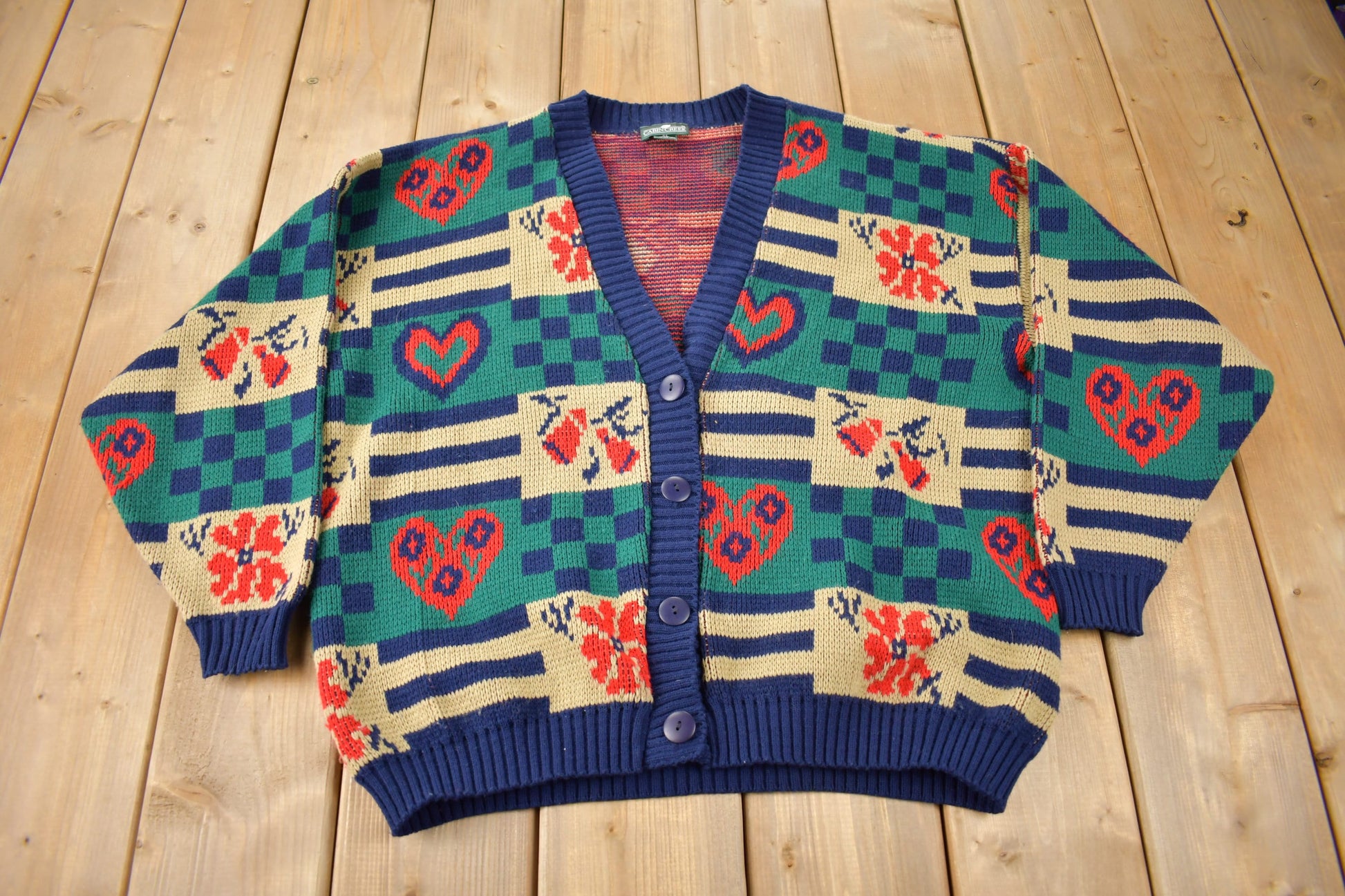 Vintage 1990s Cabin Creek Heart Patchwork Knit Cardigan Sweater