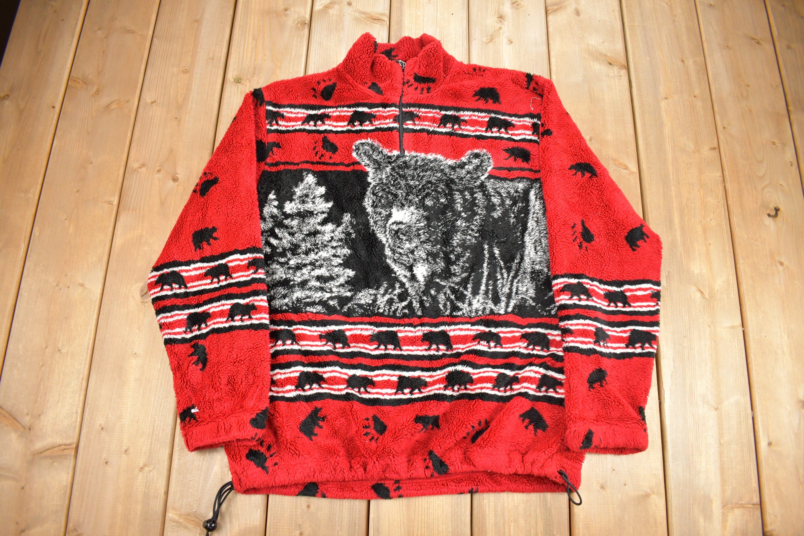 Vintage 1990s Bear & Wilderness Theme All Over Print Fleece Sweater