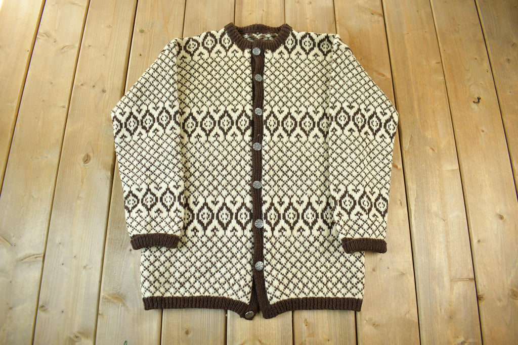Vintage 1960s 1970s Scandinavian Wool Knit Clasped Cardigan Sweater Adult M-L