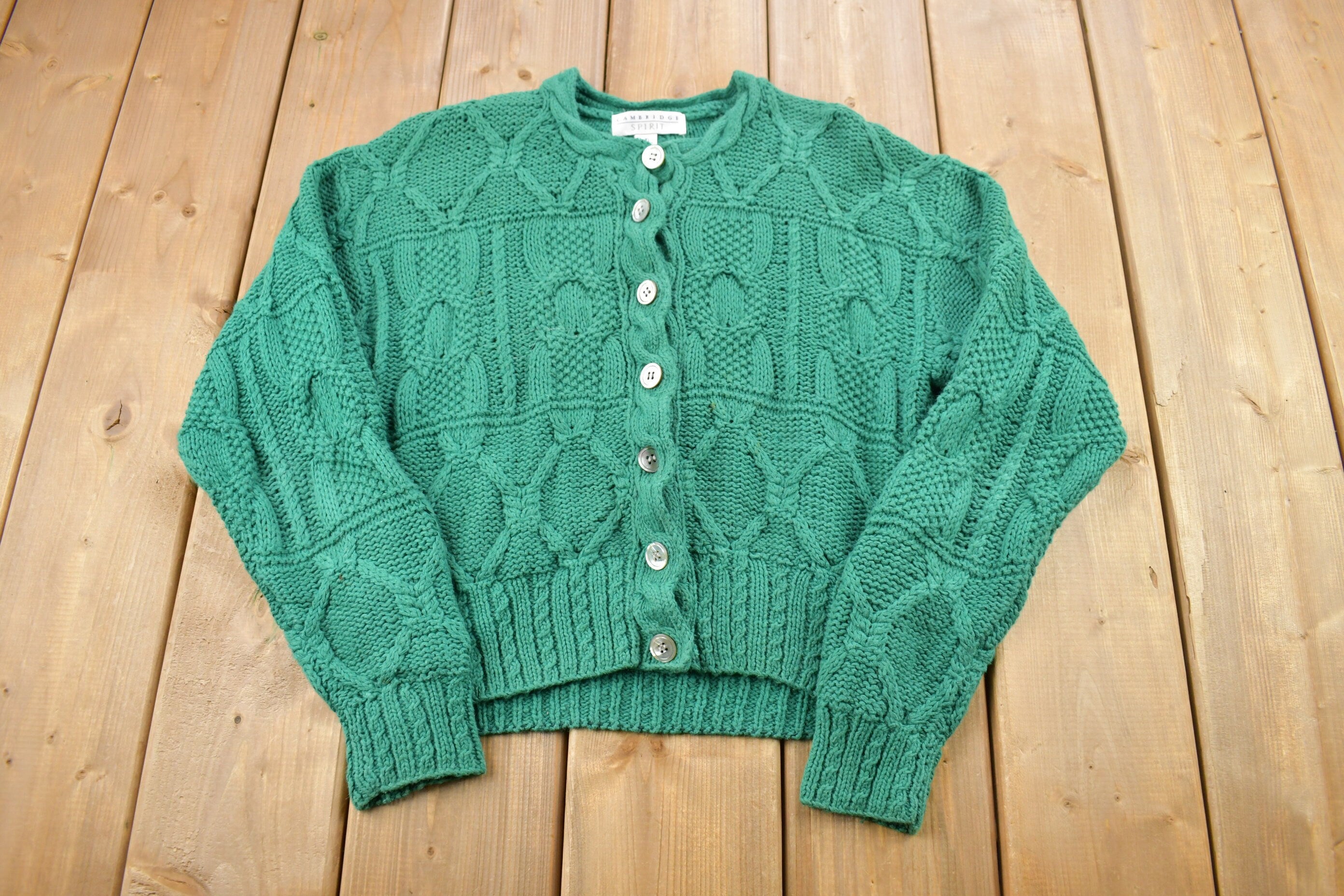 Vintage 1990s Cambridge Spirit Women's Green Cable Knit Cardigan Sweater