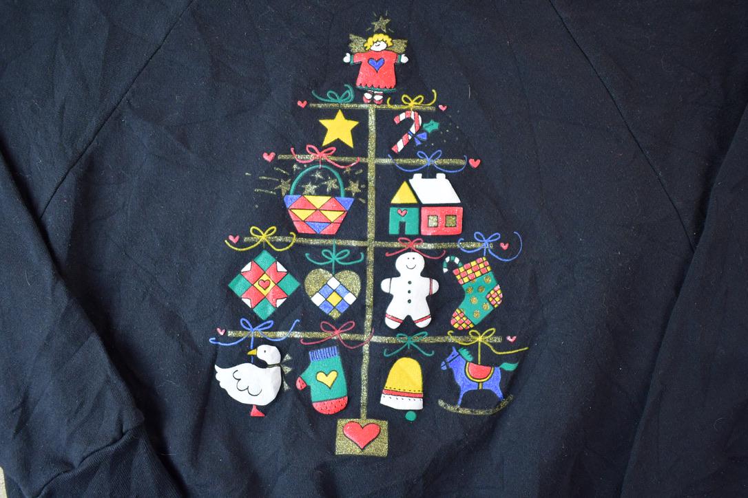 Vintage 1990s Christmas Tree Double Collar Crew Neck Sweater / 90s Crewneck / Grandma Sweater / Streetwear / Made In USA / Animal Theme