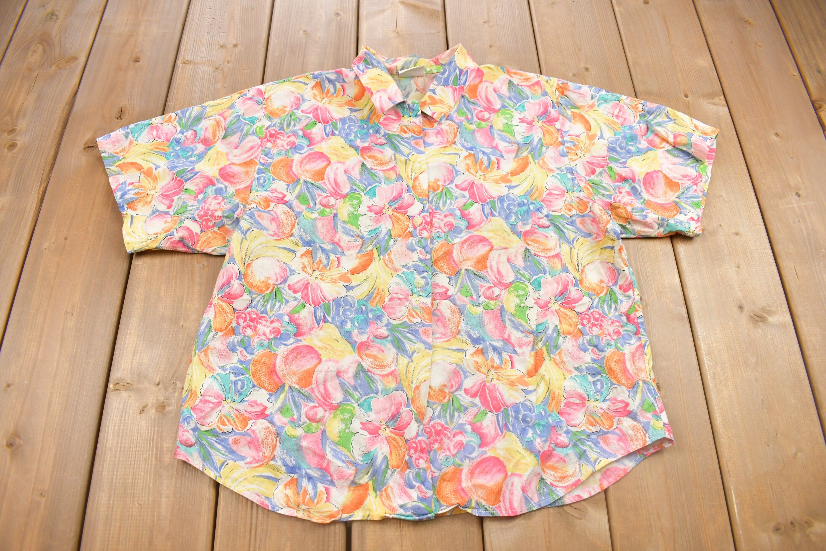 Vintage 1990s Flowers & Fruit All Over Print Button Up Shirt